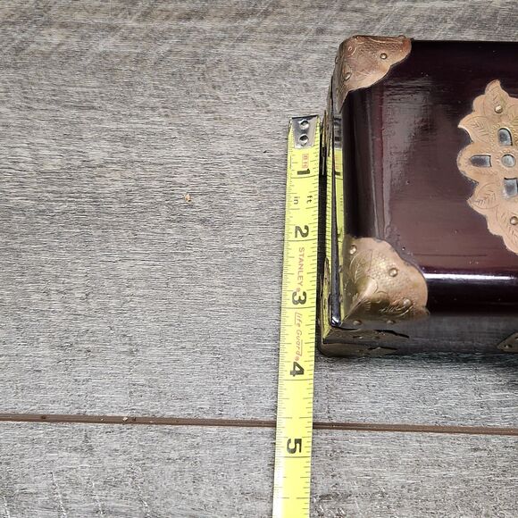 Vtg Chinese Wood Jewelry Keepsake Box Carved Jade Inlay w/brass 6.75" x 3.5" - Picture 10 of 12